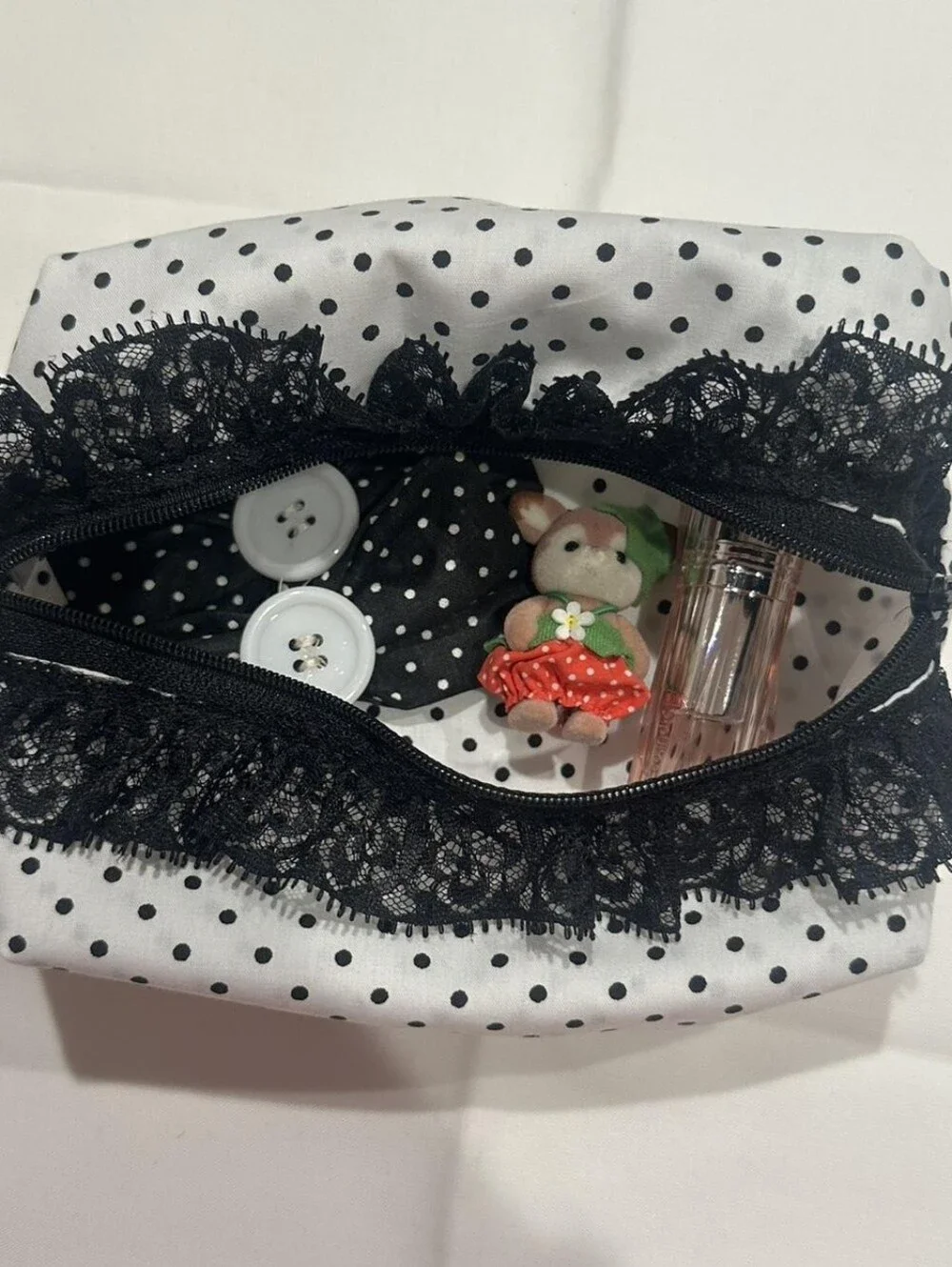 Handmade White Polka Dot Makeup Bag 🖤✨ Black Lace Ruffle Pouch | Coquette